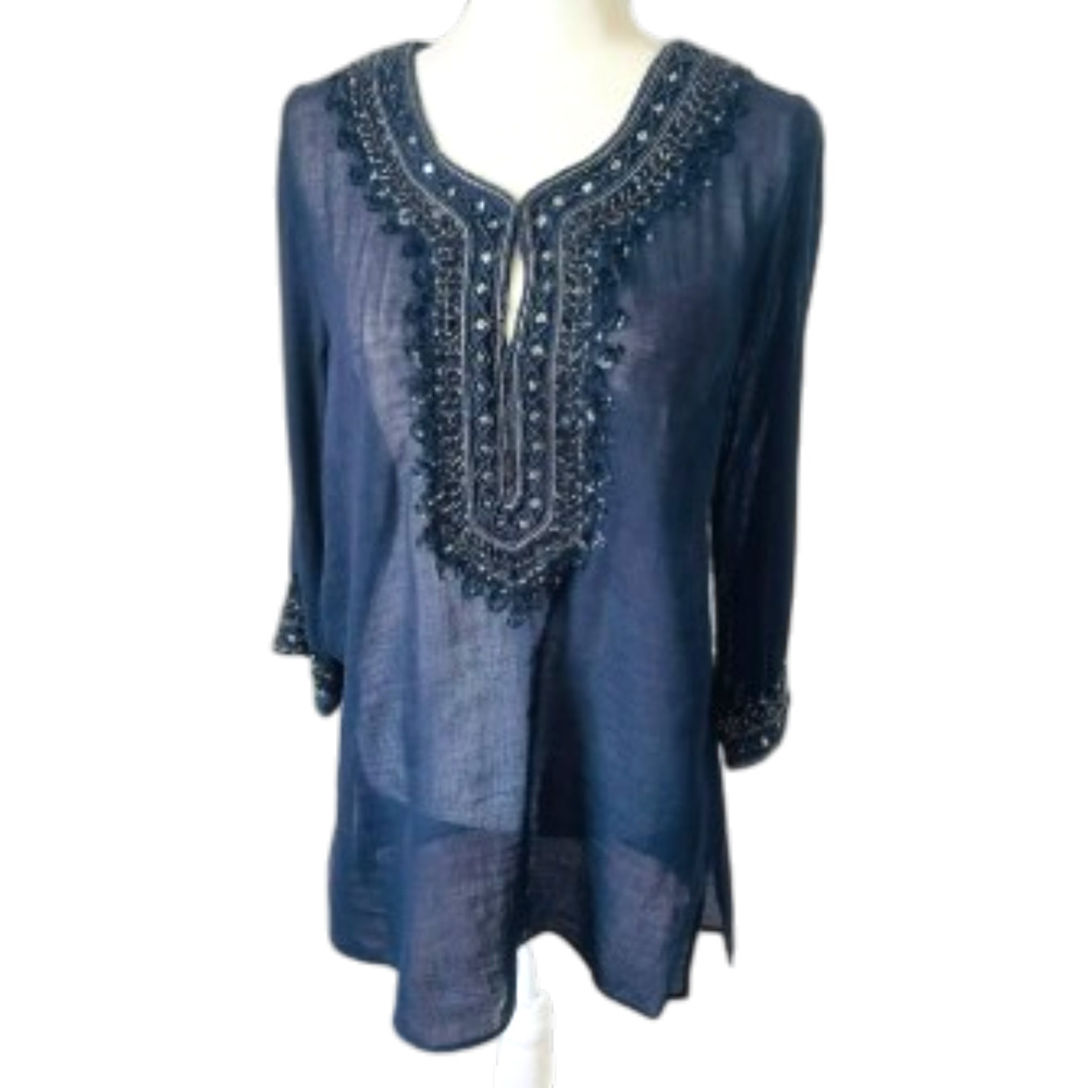 Calypso St. Barth Sheer Blue Sequin Embellished V-Neck Tunic XS 00-4